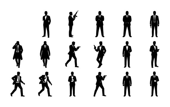Secret agent silhouettes set, 17 spy character vector icons, tuxedo clad men with weapons and gadgets, professional bodyguard and hitman figures