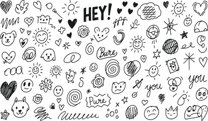 Whimsical doodle collection featuring playful characters, symbols, and cheerful greetings © Sadman Art