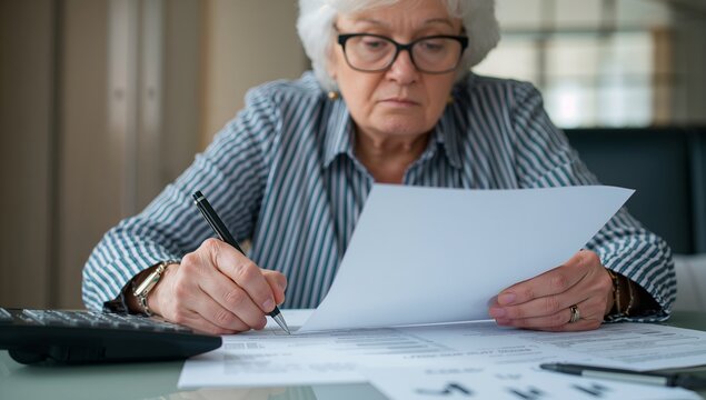 Senior woman meticulously reviewing and writing on documents, a focused portrayal of an elder's financial planning