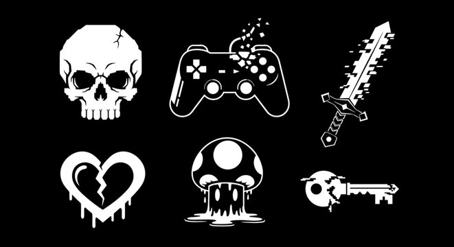 Collection of White Icons Representing Gaming and Fantasy Elements on Black Background.