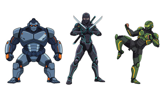 Futuristic Armored Heroes: Powerful Mech, Agile Ninja, and Martial Artist Combat Characters Illustration Pack