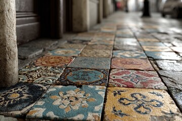 Naklejka premium Decorative Vintage Tile Sidewalk With Ornate Patterns In Natural Light