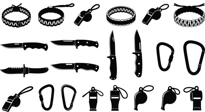 Survival, Tactical, Silhouette, Vector, Knife, Paracord, Carabiner, Whistle, Outdoor, Camping, Hiking, Adventure, Safety, Equipment, Gear