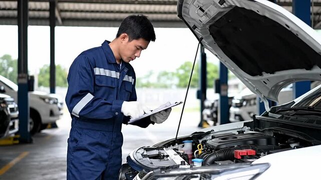 Experienced auto mechanic meticulously checking a car engine with a digital checklist for routine maintenance and repair services, focusing on vehicle safety and performance.