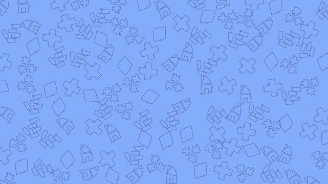 Loopable motion of tiny hand-drawn jigsaw pieces scattered on a soft blue seamless background, perfect for playful backdrops, educational themes and graphic overlays