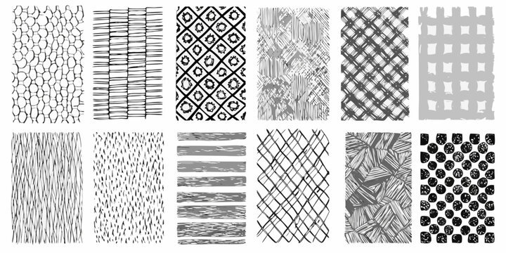 Collection of hand drawn scribble and woven texture patterns in grayscale