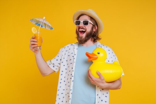 Portrait of a funny bearded man in beach hat and sunglasses holding orange juice cocktail and inflatable duck isolated on yellow studio background. Summer holiday trip and vacation concept