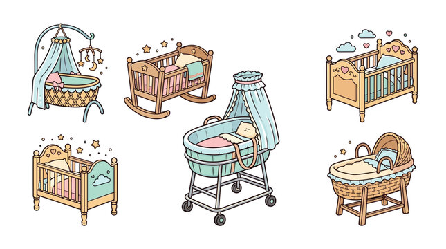 Adorable assortment of baby cribs, bassinets, and cradles, featuring different styles and designs in soft pastel colors for nursery themes.