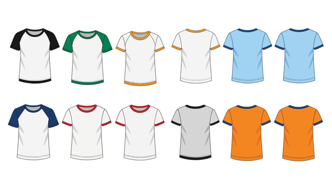 Raglan t-shirt mockup collection, 12 blank baseball tee vector templates, colorful ringer shirt flat sketches for apparel design and branding