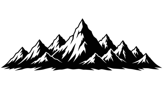 Majestic mountain range illustration with sharp peaks and detailed shading, capturing the rugged beauty of nature