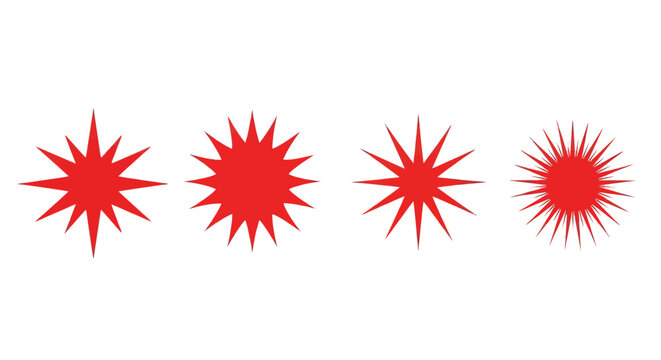 Four distinct red starburst shapes, showcasing sharp points radiating outwards from a central core, presented in a horizontal row against a white background