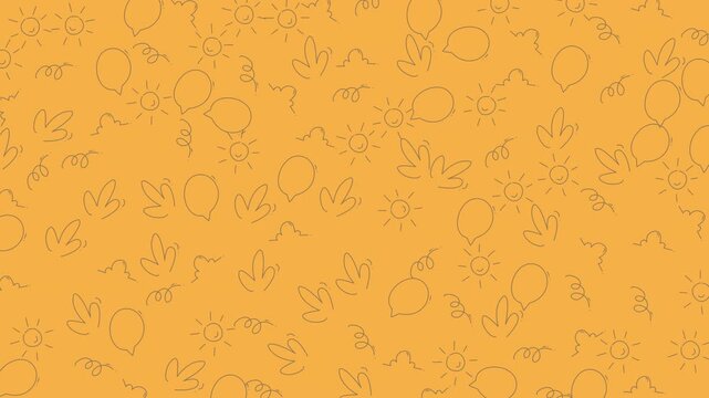 Hand drawn seamless orange pattern with suns balloons leaves and floral sketches on a warm muted background ideal for textiles wallpapers and packaging.