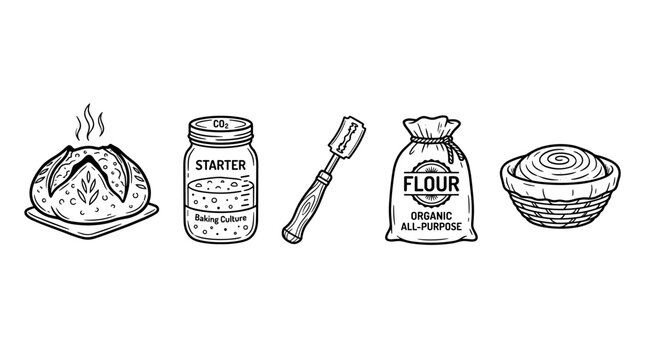 Sourdough bread baking ingredients and tools, including flour, a starter jar, a scoring lame, and a proofing basket, for homemade artisan loaves.
