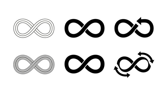 Infinity symbol vector set, black endless loop icons with arrows, 6 minimalist mathematical signs for branding and logo design