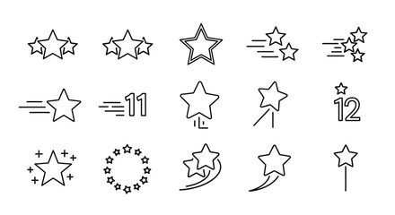 Minimalist star icon set, black line star rating symbols, 15 vector elements for UI design, shooting star and celestial shapes for web interface © Mecklenburglaan