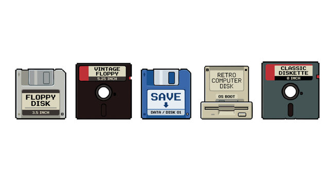 Various vintage floppy disks and a retro drive are displayed in a pixel art style, representing classic computer data storage technology from past decades.
