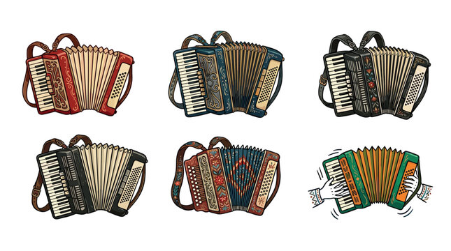 Six colorful accordions are beautifully illustrated with diverse patterns, intricate details, and musical elements, perfect for folk music themes.