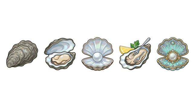 Oysters and clams with pearls and seafood elements are depicted in a colorful illustration showcasing various forms of shellfish, from raw to served, and decorative.