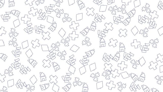 Looping video of tiny light blue outlined puzzle pieces scattered on a white seamless background, forming a delicate abstract pattern perfect for motion design and backdrops.