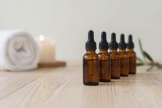 Mockup of transparent amber serum oil bottle template on luxury wellness spa background