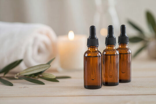Mockup of transparent amber serum oil bottle template on luxury wellness spa background