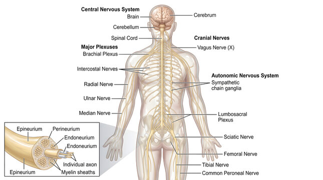 Diagram of the human nervous system showing brain, spinal cord, cranial nerves, major peripheral nerve plexuses and branches plus autonomic nerves, with inset cross‑section of a peripheral nerve label