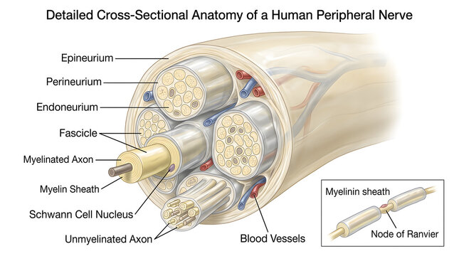 Detailed cross‑sectional anatomy of a human peripheral nerve showing fascicles surrounded by perineurium, individual myelinated and unmyelinated axons within endoneurium, outer epineurium, Schwann cel