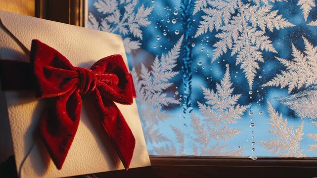 Close Up of White Envelope with Red Velvet Bow on a Frosted Winter Glass Window
