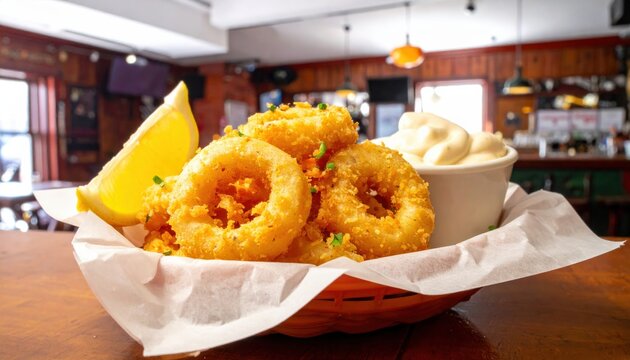Crispy fried calamari rings served in a basket with lemon wedges and creamy dipping sauce, a classic seafood appetizer.