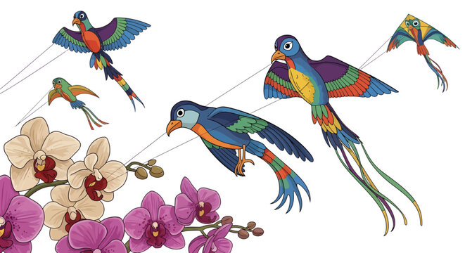 colorful kite birds flying with flowers