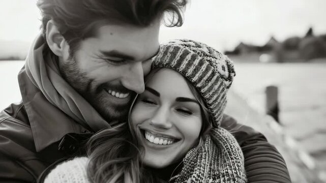 Man embraces woman near water's edge. Black and white video captures tender moment. Both smile warmly, eyes closed in joy. Soft focus enhances emotional connection. Cozy knitwear adds intimate