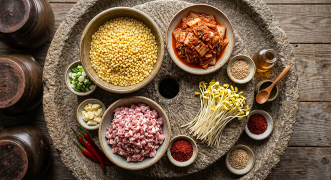 Overhead flat lay of Bindaetteok ingredients on rough grinding stone texture