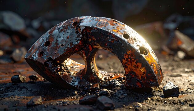 Bent metal shrapnel fragment etched with corrosion marks and impact craters detailed texture