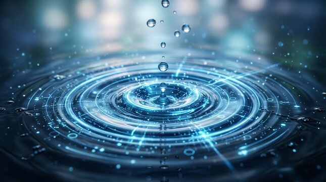 Macro shot of a water drop falling into a liquid surface creating concentric ripples with glowing blue digital data circuit patterns, futuristic technology concept for connectivity and innovation