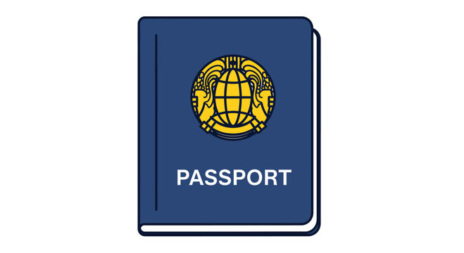 Blue passport with a golden globe emblem and white text
