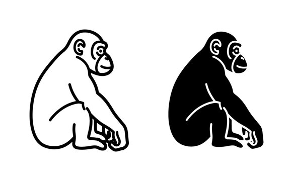 Chimpanzee Sitting Profile Outline and Silhouette Vector