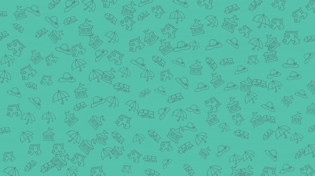 Seamless turquoise vector pattern filled with tiny hand-drawn travel and beach icons for backgrounds, textiles, and web design.