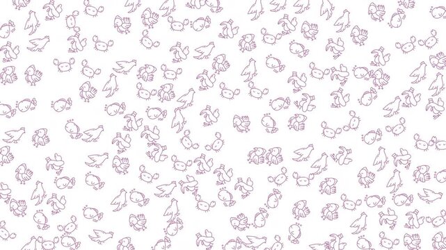 Seamless hand-drawn purple floral and butterfly pattern on white, gently shifting across the frame for decorative texture, wallpaper or stationery design use.