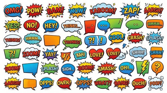 A vibrant collection of comic book style speech bubbles and sound effects with various exclamations and empty talk balloons.