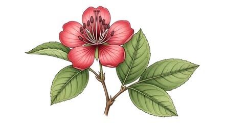 Obraz premium Botanical Illustration of a Pinkish Red Flower with Detailed Green Leaves