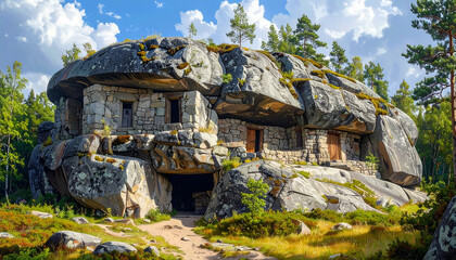Fototapeta premium Ancient Rock Fortress Carved into a Mountainous Landscape.