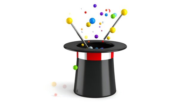 A black top hat, seemingly a magician's hat, with colorful balls erupting from its interior.  Two thin rods extend upwards, supporting the escaping orbs.  A red and white band circles the hat's base