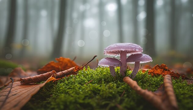 Macro View of Rare Amethyst Deceiver Fungi in Damp Autumn Forest Moss