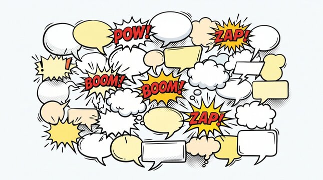 A collection of hand-drawn comic book speech bubbles and sound effects like POW, BOOM, and ZAP, clustered together on a white background.