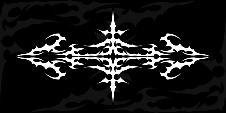 Symmetrical white cyber sigilism graphic on black. Sharp tribal spiky element for Y2K streetwear, gothic tattoos, and hardcore aesthetic. Modern vector ornament for dark alternative design.