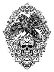 Obraz premium Detailed black and white illustration of a raven perched on a skull adorned with a crescent moon