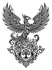 Fototapeta premium Stylized black phoenix bird with outstretched wings above a shield featuring a tree of life. Ornate