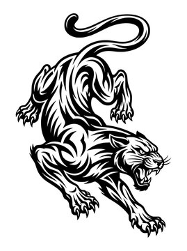 Detailed black and white illustration of a powerful black panther in an aggressive pouncing pose