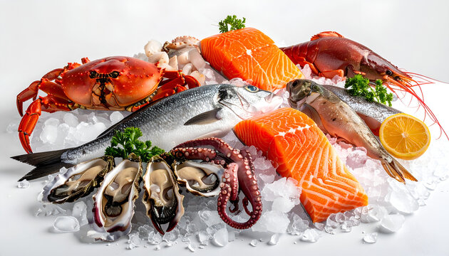 Assortment of Fresh Seafood and Fish on Ice.