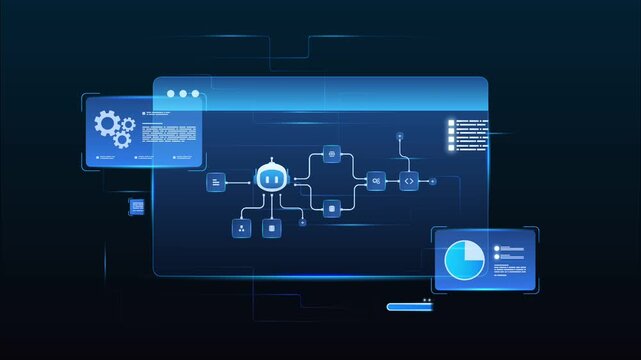 Futuristic AI workflow automation system dashboard with ai agent and data flow network interface, looped animation